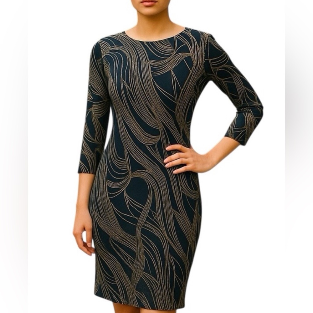 Olivia Matthews Black and Gold Swirl Dress size XL Made in the USA